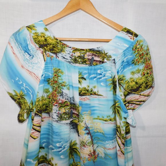Puanani RJC Hawaii Womens L Rayon Hawaiian Dress MuuMuu Island Ocean Print Blue - Picture 10 of 11
